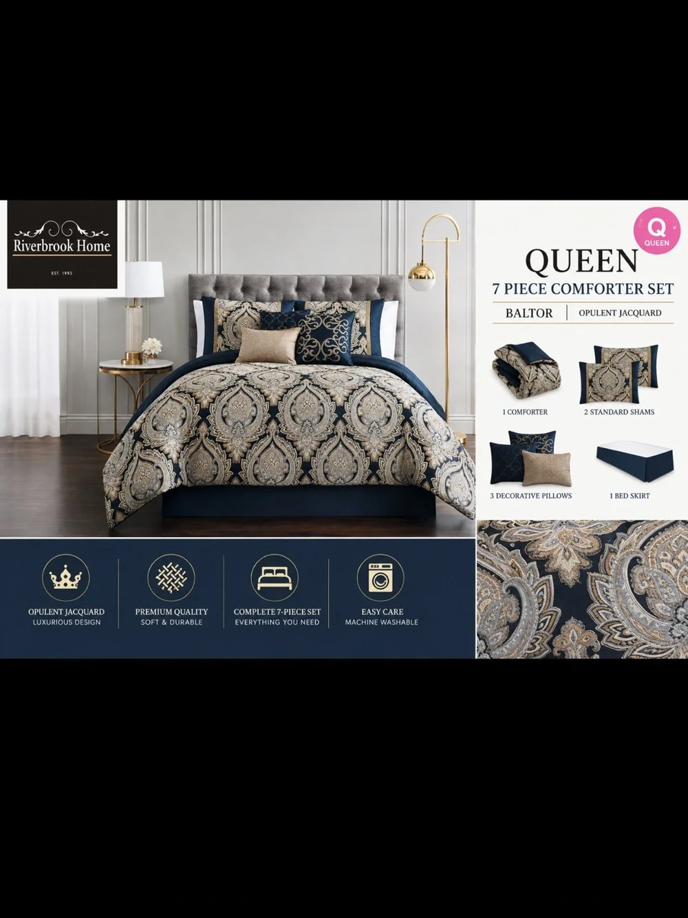 Queen Baldor 7-Piece Comforter Set in Navy and Cream